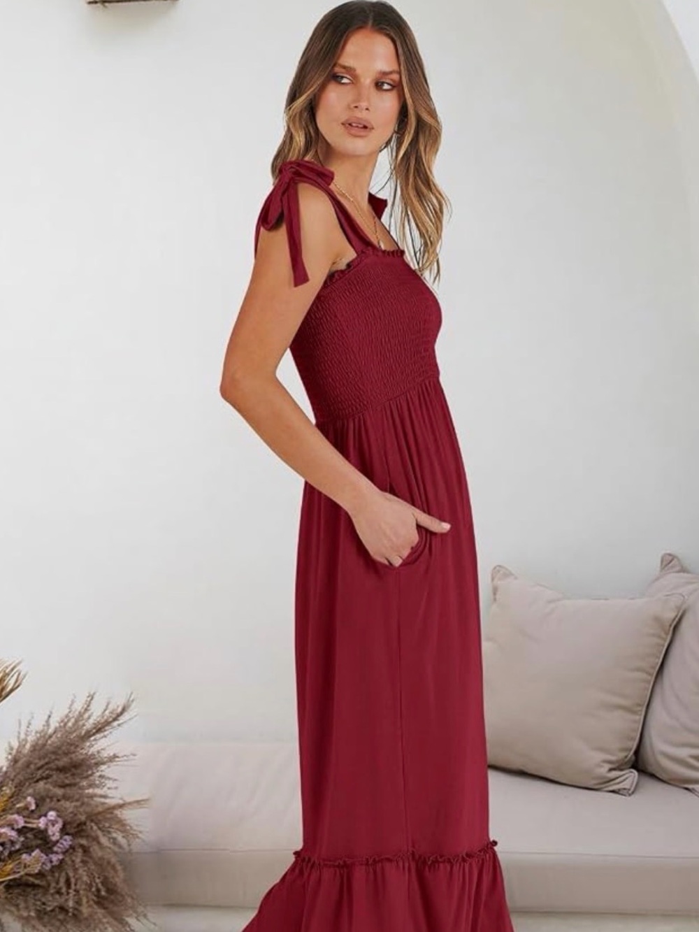 Smocked Tie-Shoulder Maxi Dress in Red - Picture 2 of 3